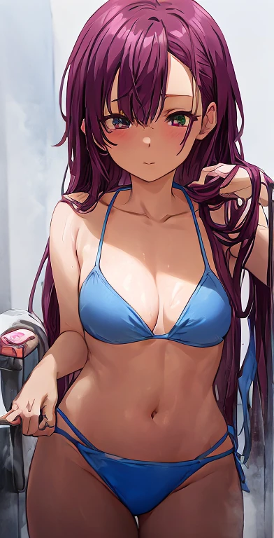 anime girl in a bikini with a heart in her hand, realistic bikini, small curvy , seductive anime girl, swimsuit, bathing suit, blue bikini, by Kentaro Miura, attire: bikini, by Yoshihiko Wada, in bikini, at pixiv, is wearing a swimsuit, in a bikini, smooth anime cg art, cutesexyrobutts
