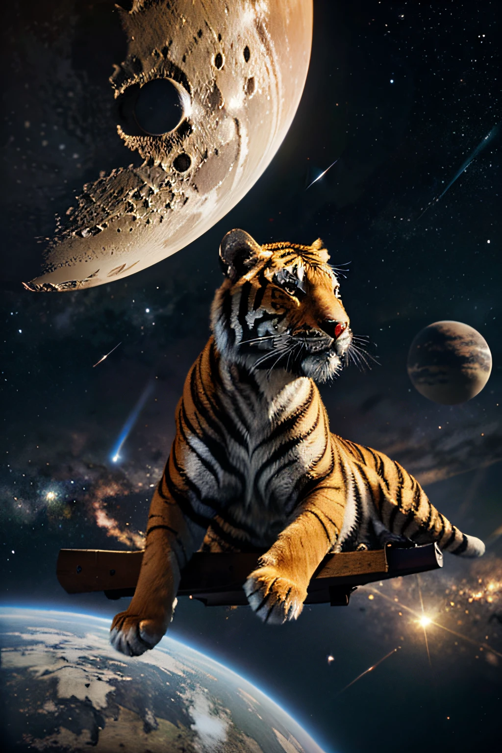 Tigre realista, flotando en el espacio, estrellas que lo rodean, Planetas