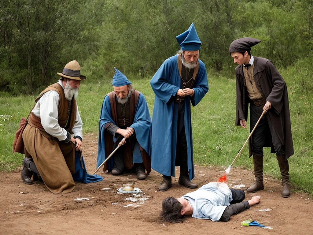 Wizard casting a disease on a dirty peasant who is vomiting on the ground.