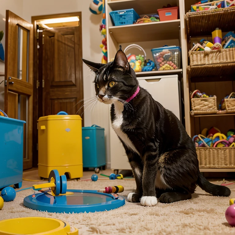 A scene full of joy and activity, where a cat is immersed in an environment full of toys. The feline, with fur bristling with excitement, explores the busy space, surrounded by a variety of toys, such as colorful balls, stuffed mice and scratching posts. Its agile paws reach for different toys, while its curious look indicates the pleasure of exploring the varied options. The environment is full of energy and fun, capturing the cat's liveliness and happiness amidst a paradise of toys.