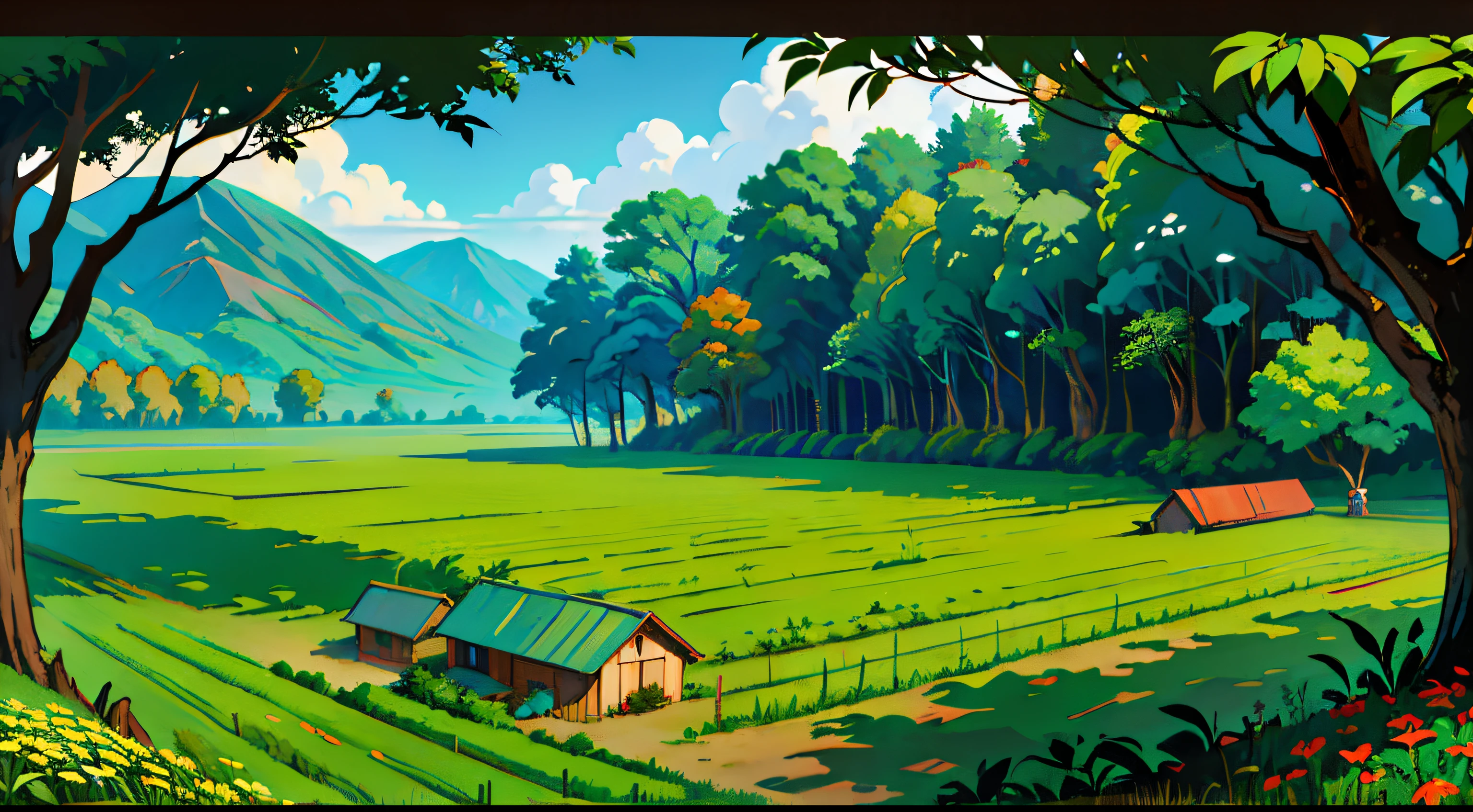 a small chili fertigation farm, a small chili plant in a polybag, many rows of chili plants in a polybag from left to right rows, southeast Asia country, Indonesia, point of view angle, wide angle, a farm surrounded by trees, cartoon concept art, 2D animation background concept art