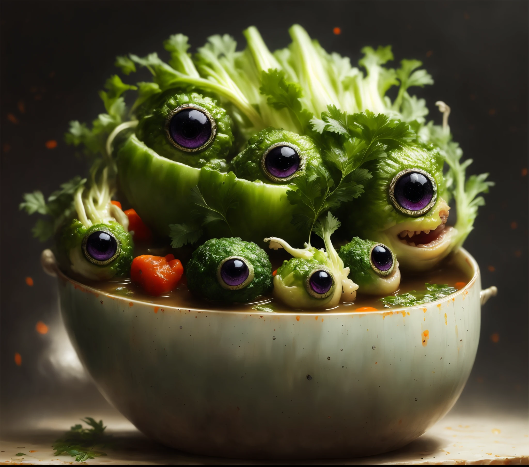 closeup angle of an incredibly cute vegetable creatures with big dramatic eyes, (in a soup bowl), a detailed painting, cgsociety, detailed painting, artstation hd, high detail, cgsociety, photorealism, concept art, artstation hd, official art