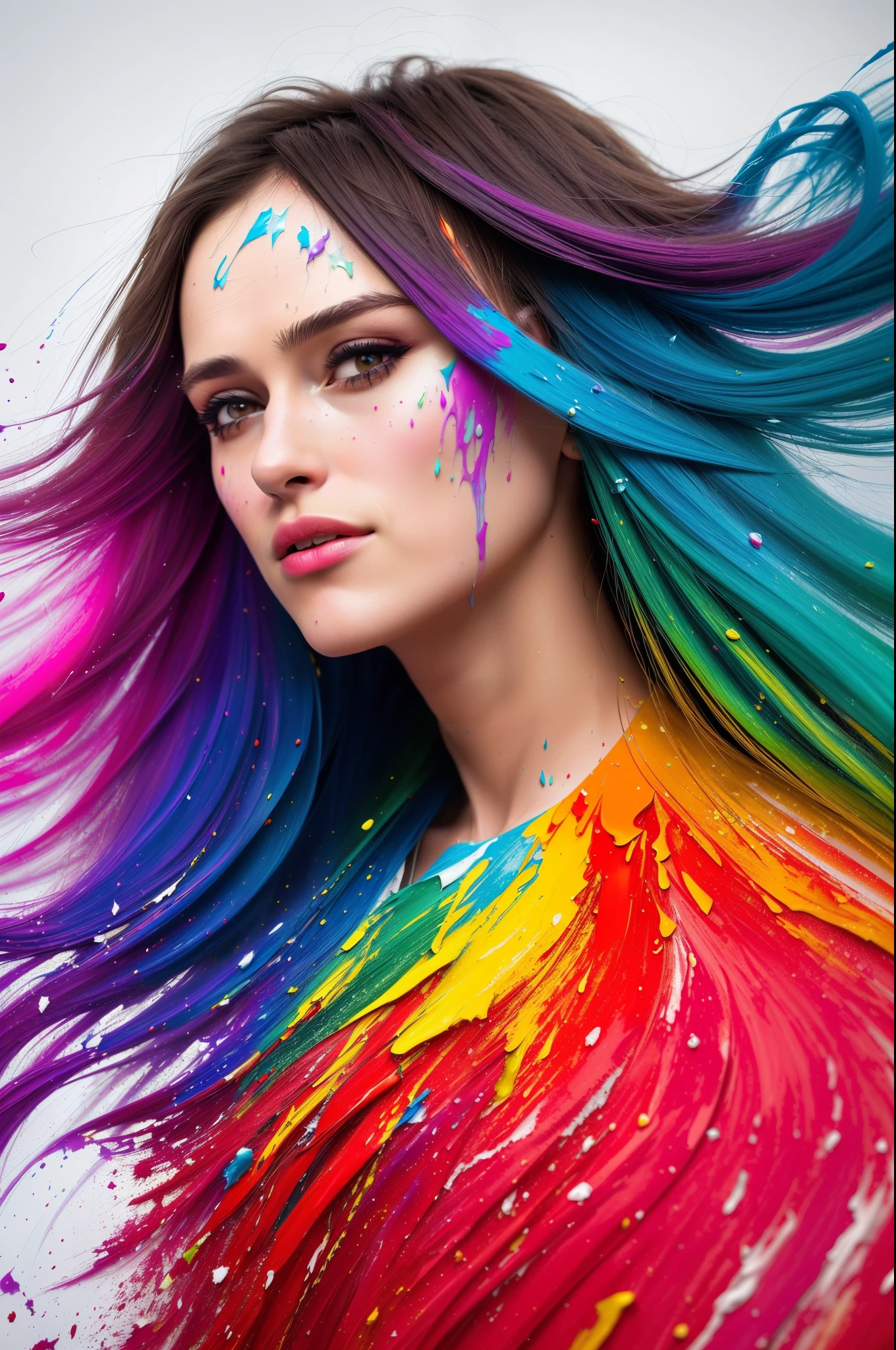 Keira Knightley, (level difference:1.8),(Paint colliding and splashing on the canvas),(depth of field),1girl's side face blends into it,((side face)),open mouth,(liquid paint rainbow hair:1.1) made of paint and defies gravity,thick flowing,(paint splatter:1.3),Liquid state,stunningly beautiful, masterpiece, detailed background,ultra high quality model, ethereal background,abstract beauty, explosive volumetric, oil painting,heavy strokes,Romantic lighting,Sub-Surface Scatterring,lens 135mm,f1.8,glow,8k,high resolution, dreamy,ray tracing,hdr,god rays,