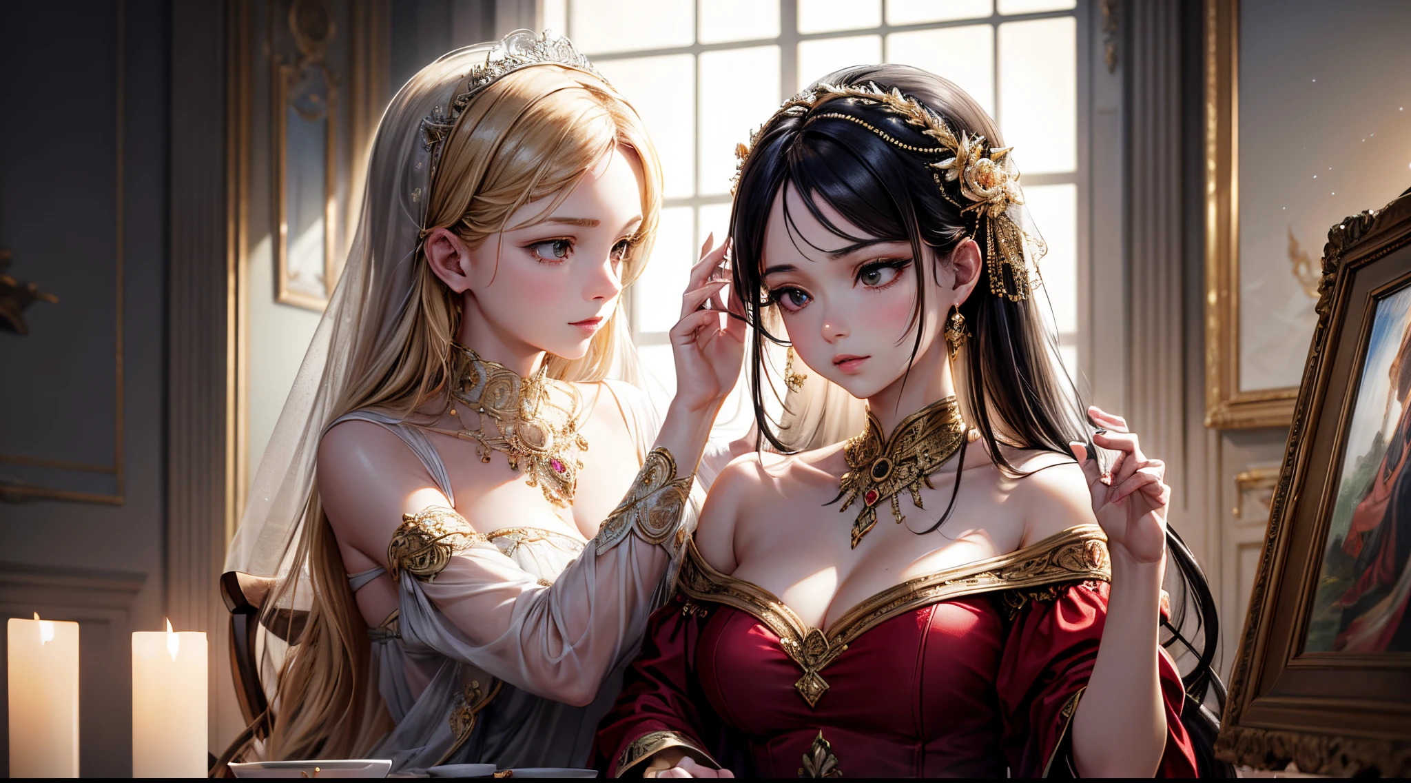 manhwa style, fantasy-style, 2 women aligned, (confrontation), (looking at viewer), jewel, gorgeous, splendid, luxurious, aristocrat, noble, arrogant, (golden), goddess, queen, curly hair, forehead, mature women, embroidery, white satin dress and gloves and cape, gleaming skin, detailed pupils, perfect eyes, (((face focus))), Simple Background, best quality, high resolution, all intricate, (flat color:-0.3)
