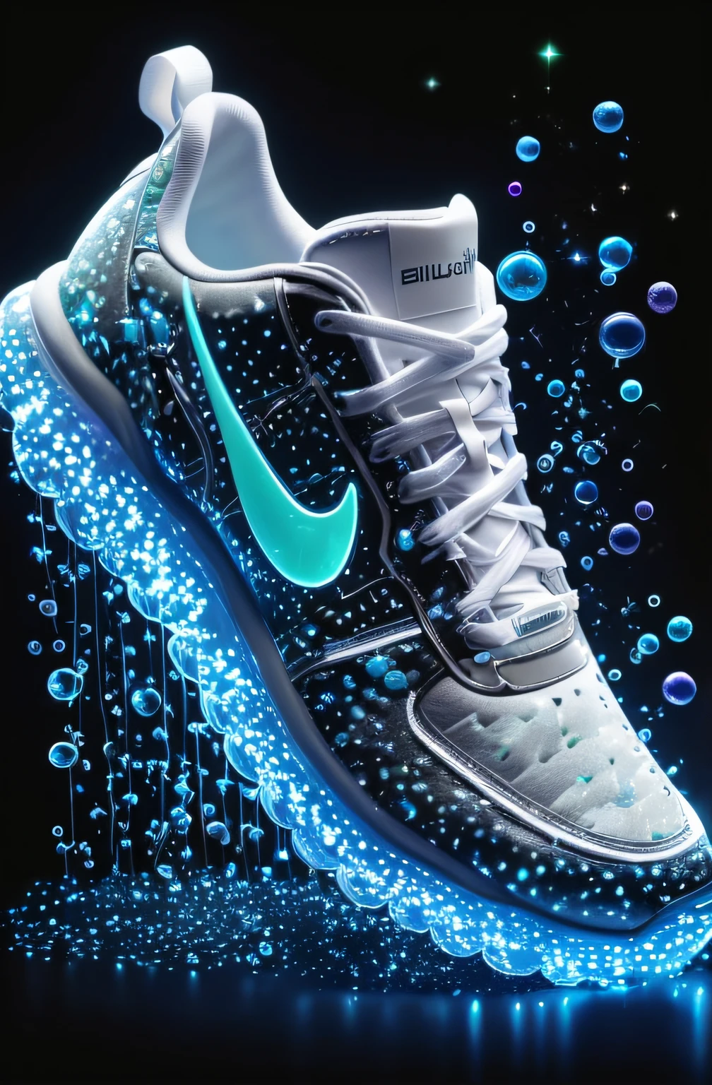 (masterpiece, best quality), realistic, detailed, HDR, 8K, sneakers, bioluminescent, bright luminescence white light, made out of light beams, bubbles, particles, sparkles, glitch