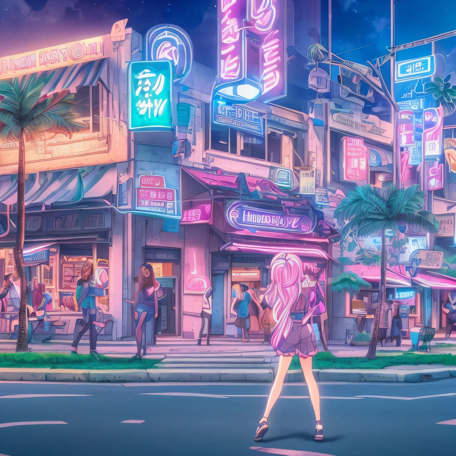Masterpiece, best quality, (very detailed CG unity 8k wallpaper) (best quality), (best illustration), (best shadows), full body, beautiful face, long pink hair, anime, busty, short sleeve button up hawaiian shirt, jean shorts, dancing in dark room, bright neon lights, wearing headphones, wearing sunglasses, night time
