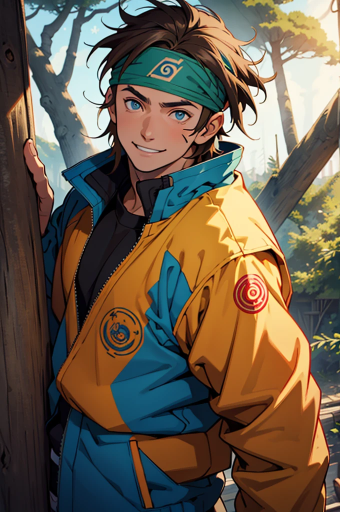 A European looking guy with messy straight brown hair, named Ryo, Handsomer, High quality picture, With Naruto headband With sqaure symbol, wearing blue jacket, 4K, in treehouse, both eyes clear, looking happy, not too masculin, innocent