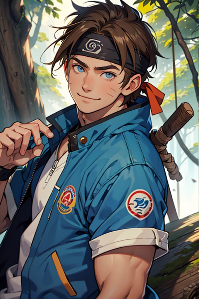 A European looking guy with messy straight brown hair, named Ryo, Handsomer, High quality picture, With Naruto headband With sqaure symbol, wearing blue jacket, 4K, in treehouse, both eyes clear, looking happy, not too masculin, innocent