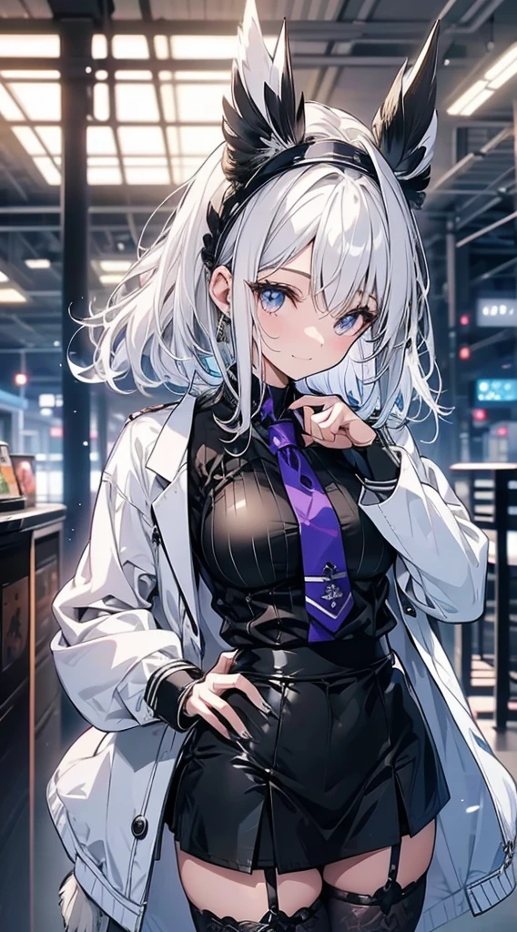 Anime style、Moe-e、white  hair、curlyhair、short-hair、Blue Mesh、Gray owl feathers from the waist、forest wood deck、a beauty girl、white jacket color、Golden eyes、thick thight、Black headband、Model body type、Cuffs、Black Knee Socks、Black bodysuit、Purple tie、green jewelry、a black skirt、Archaic Smile、超A high resolution、People Close-up