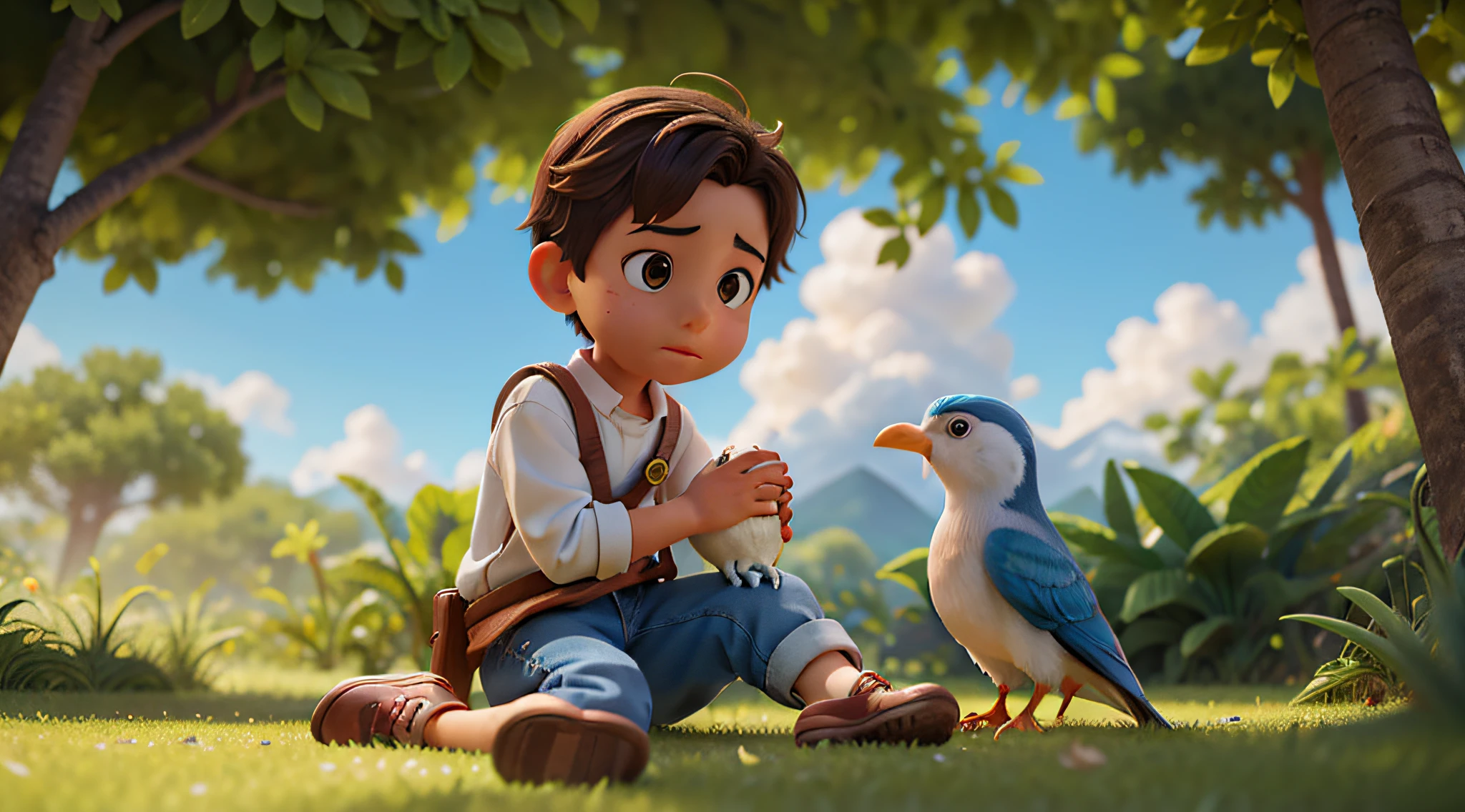 Ultra Realistic, fantasy nature, sky and ground, heavy wind, line cloud, Light shoot from the cloud, jungle, bright fun, ((extreme colors)), vibrant, beautiful, UHD, 8K, extremely detailed, photography, photorealism, natural light, masterpiece, best quality, amazing, intricate, highly detailed, sharp focus, cinematic, Visualize a scene where a curious young Arabian boy named Ahmed discovers a wounded bird, tenderly cradling it in his hands sitting together, forging a deep connection as the boy cares for the injured bird, symbolizing their growing bond