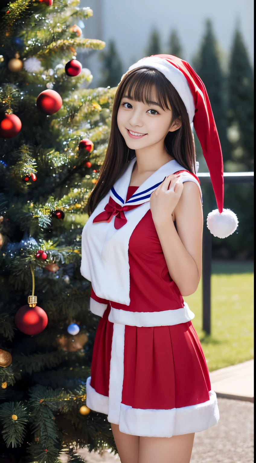 1girl in, (),Japan gravure models, (cute like an idol:1.2), a beauty girl, discreet breasts, Clean facial skin, shyly smile, A sexy, Erotic feeling, (japanese high school uniform with sailor collar:1.0), (Sexy Santa Claus costumes:1.2),full body Esbian、 (Christmas tree with beautiful background:1.5), (Dynamic Angle, Dynamic Pose:1.0), BREAK masterpiece, Best Quality, hight resolution, Detailed skin, Detailed, Detailed face and eyes, Hi-Res, Natural lighting, Perfect Anatomy, Physically-based rendering, Photorealistic, symmetric clear eyes, Well-groomed face,Teenage girl, Perfect figure, Transparency,  hposing Gravure Idol,