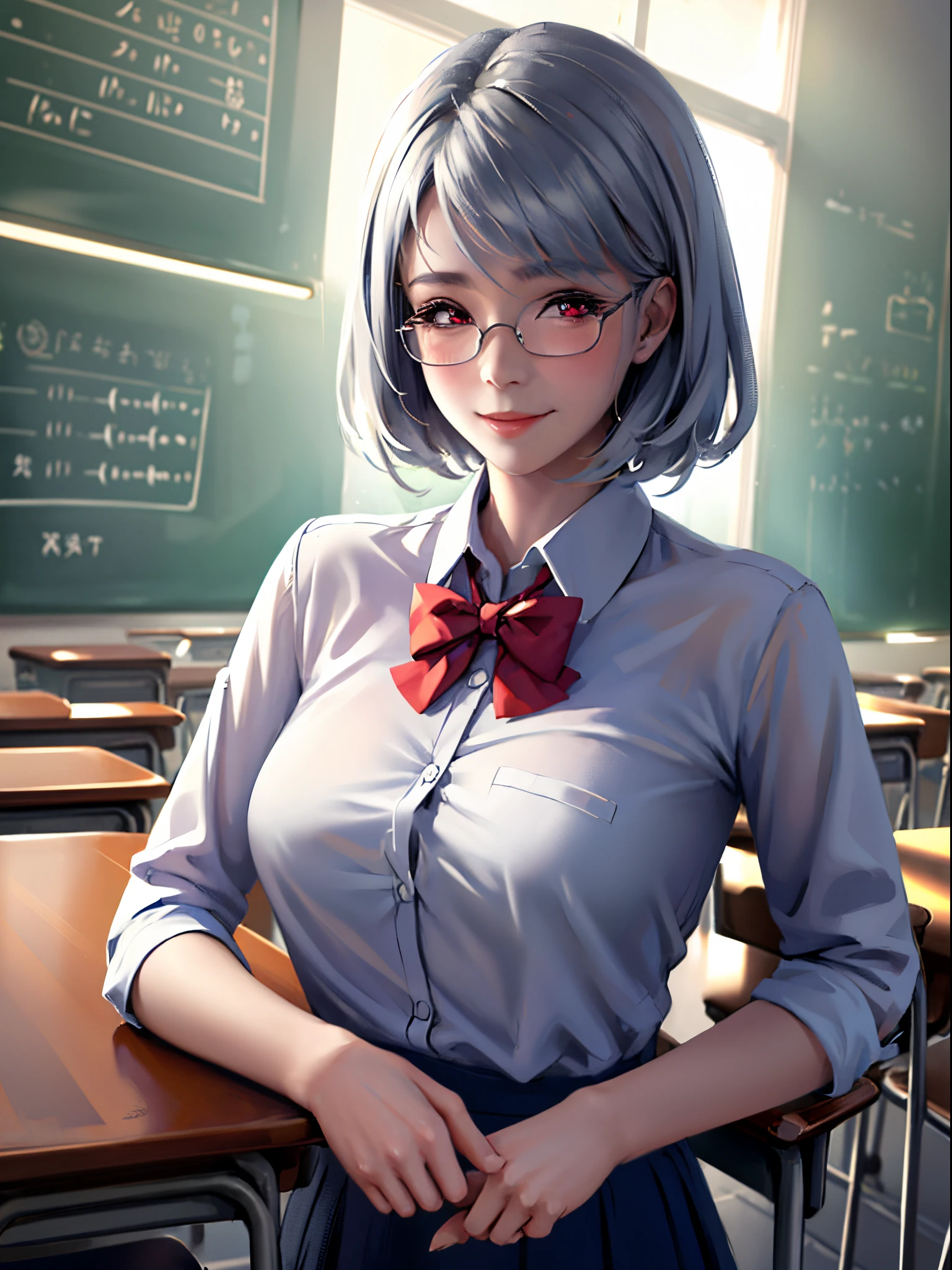 super fine illustration,novel illustration,masterpiece, ultra detailed,1female,solo,glasses,smile,shirt,silver hair,medium hair, school desk, looking at viewer, white shirt, indoors, school chair, blush, classroom, collared shirt, bangs,bowtie,school uniform, red eyes, large breasts,