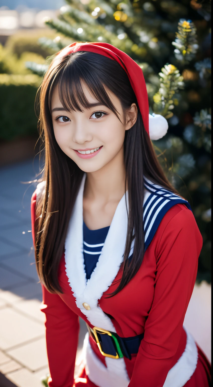 1girl in, (sixteen years old),Japan gravure models, (cute like an idol:1.2), a beauty girl, discreet breasts, Clean facial skin, shyly smile, A sexy, Erotic feeling, (japanese high school uniform with sailor collar:1.0), (Sexy Santa Claus Costume:1.2),full body Esbian、 (Christmas tree with beautiful background:1.5), (Dynamic Angle, Dynamic Pose:1.0), BREAK masterpiece, Best Quality, hight resolution, Detailed skin, Detailed, Detailed face and eyes, Hi-Res, Natural lighting, Perfect Anatomy, Physically-based rendering, Photorealistic, symmetric clear eyes, Well-groomed face,Teenage girl, Perfect figure, Transparency,  hposing Gravure Idol,