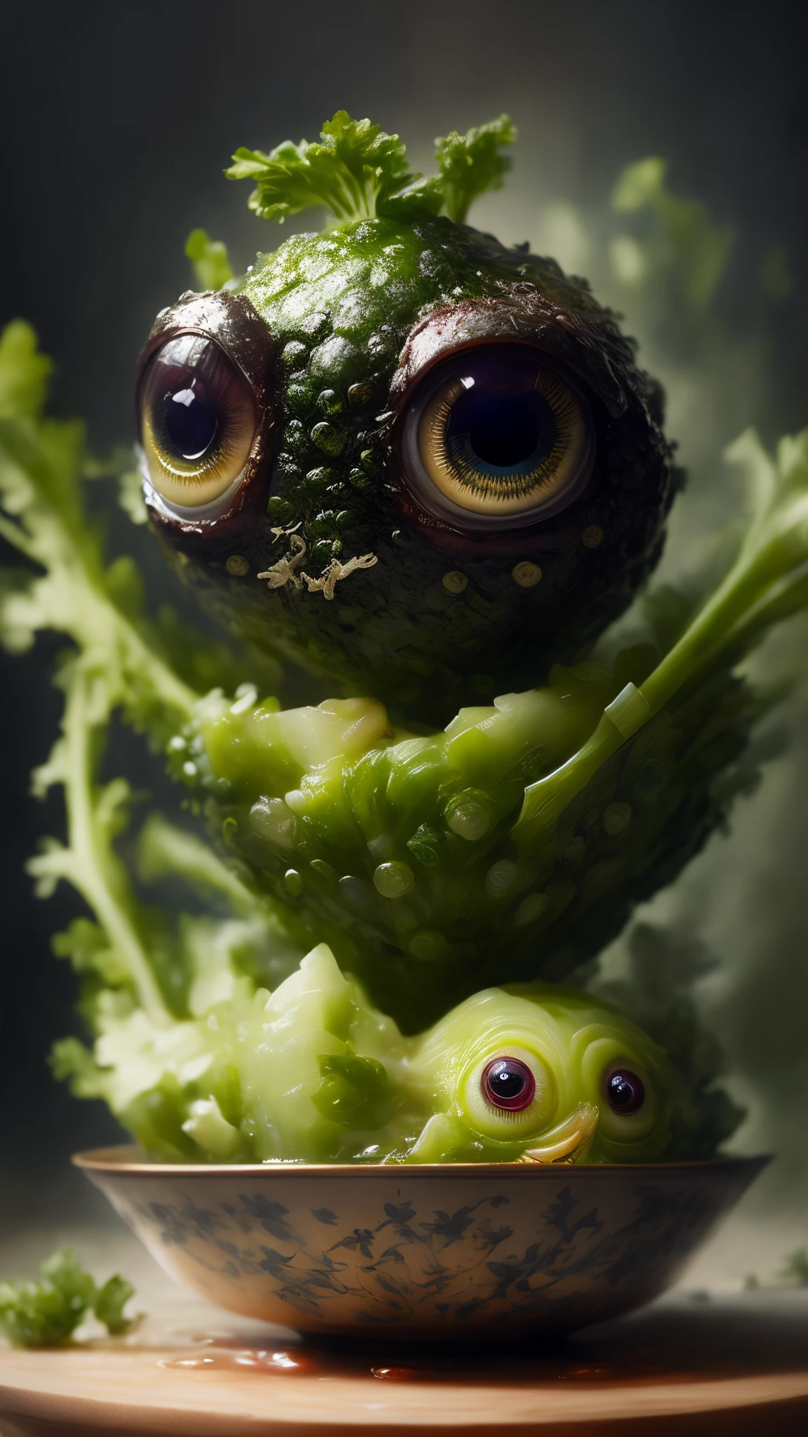 closeup angle of an incredibly cute vegetable creatures with big dramatic eyes, (in a soup bowl), a detailed painting, cgsociety, detailed painting, artstation hd, high detail, cgsociety, photorealism, concept art, artstation hd, official art
