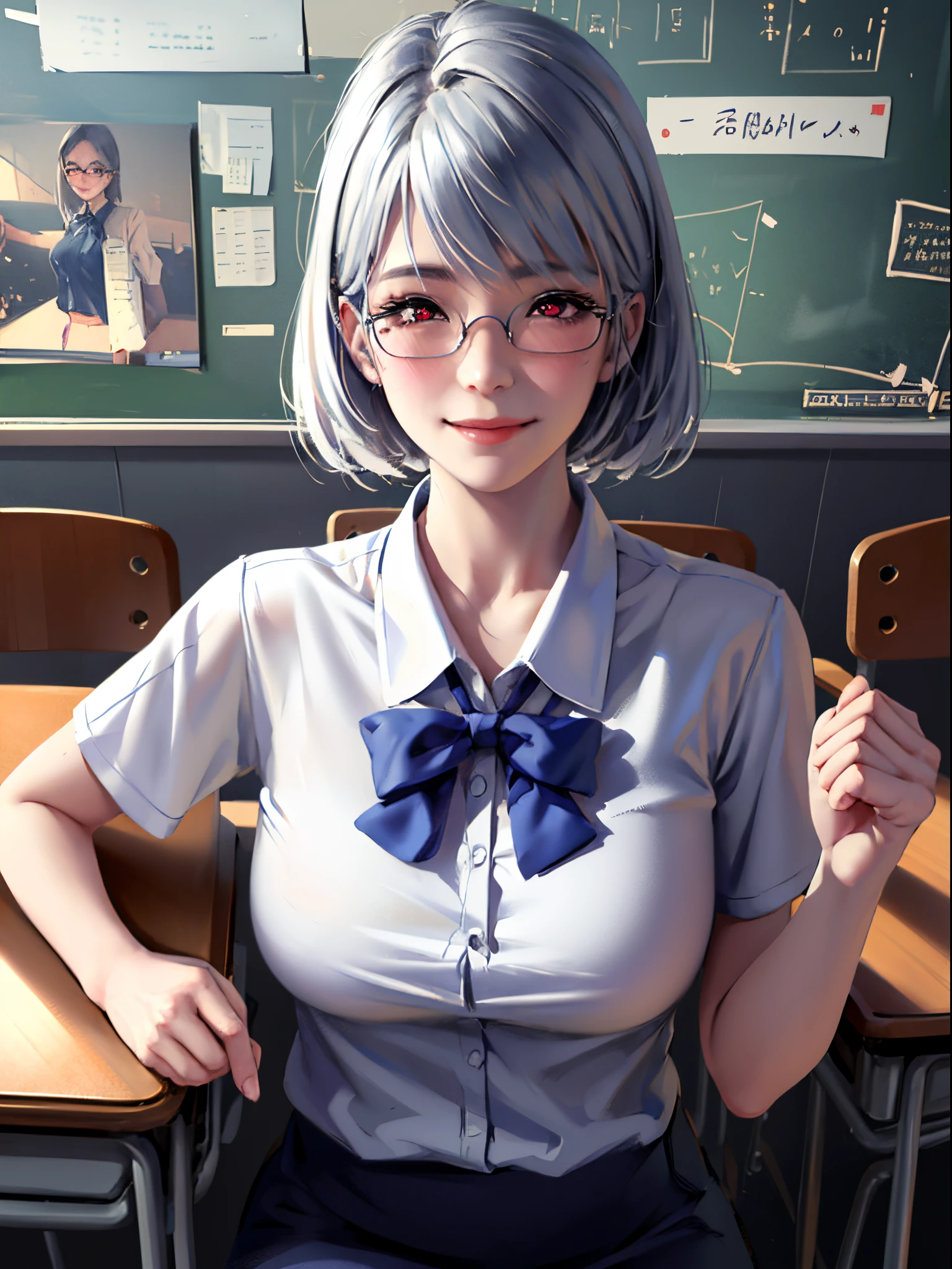 super fine illustration,novel illustration,masterpiece, ultra detailed,1female,solo,glasses,smile,shirt,silver hair,medium hair, school desk, looking at viewer, white shirt, indoors, school chair, blush, classroom, collared shirt, bangs,bowtie,school uniform, red eyes, large breasts,