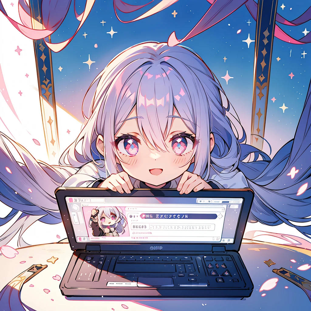 Silvery hair、((Pink sparkly eyes))、a smile、Open your mouth、((white backgrounid))、((solidbackground))、((simple background))