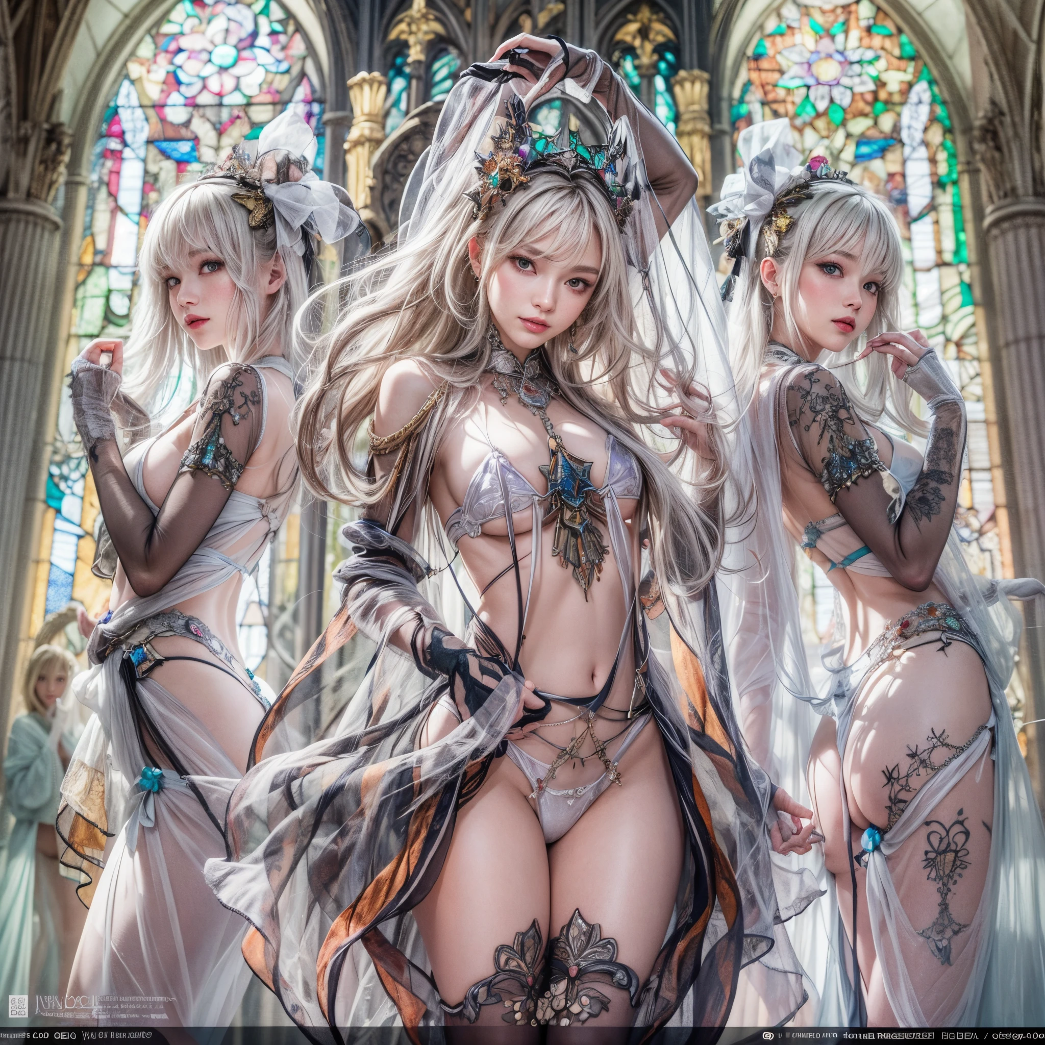 ( Masterpiece:1.25, exposed:1.2, White and vivid colors, navel), (sexy junior idol), ((face variations)), portrayed in the best quality and high resolution. The image should be ultra-detailed, realistic, and photorealistic with a touch of rawness. back lighting, colorful Light shines through delicate stained glass. The medium can be a combination of photography and concept art. The color tone should be vibrant and vivid, enhancing the overall visual impact. Whole Body proportions and all limbs are anatomically accurate, (nipple:-0.9) .((no extra limbs))