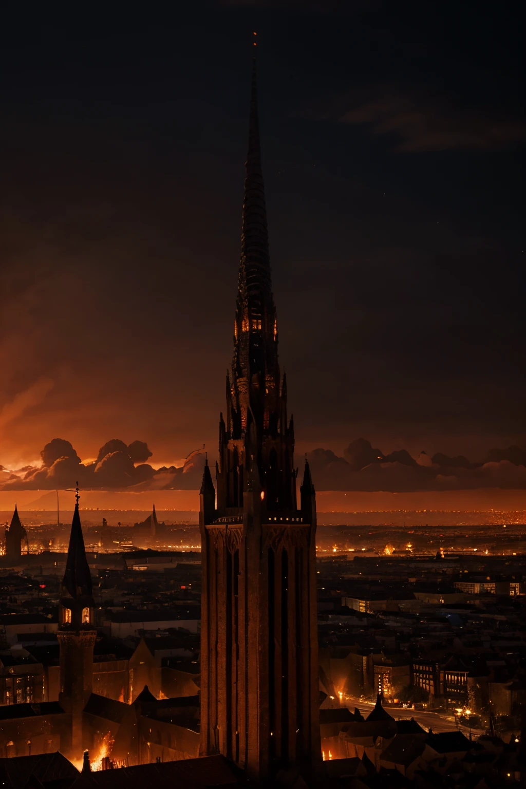 A tall spire towering over a sprawling medieval city in Hell. A red, fiery sky. No clouds. Dark as night except for the fires burning below. Highly detailed.
