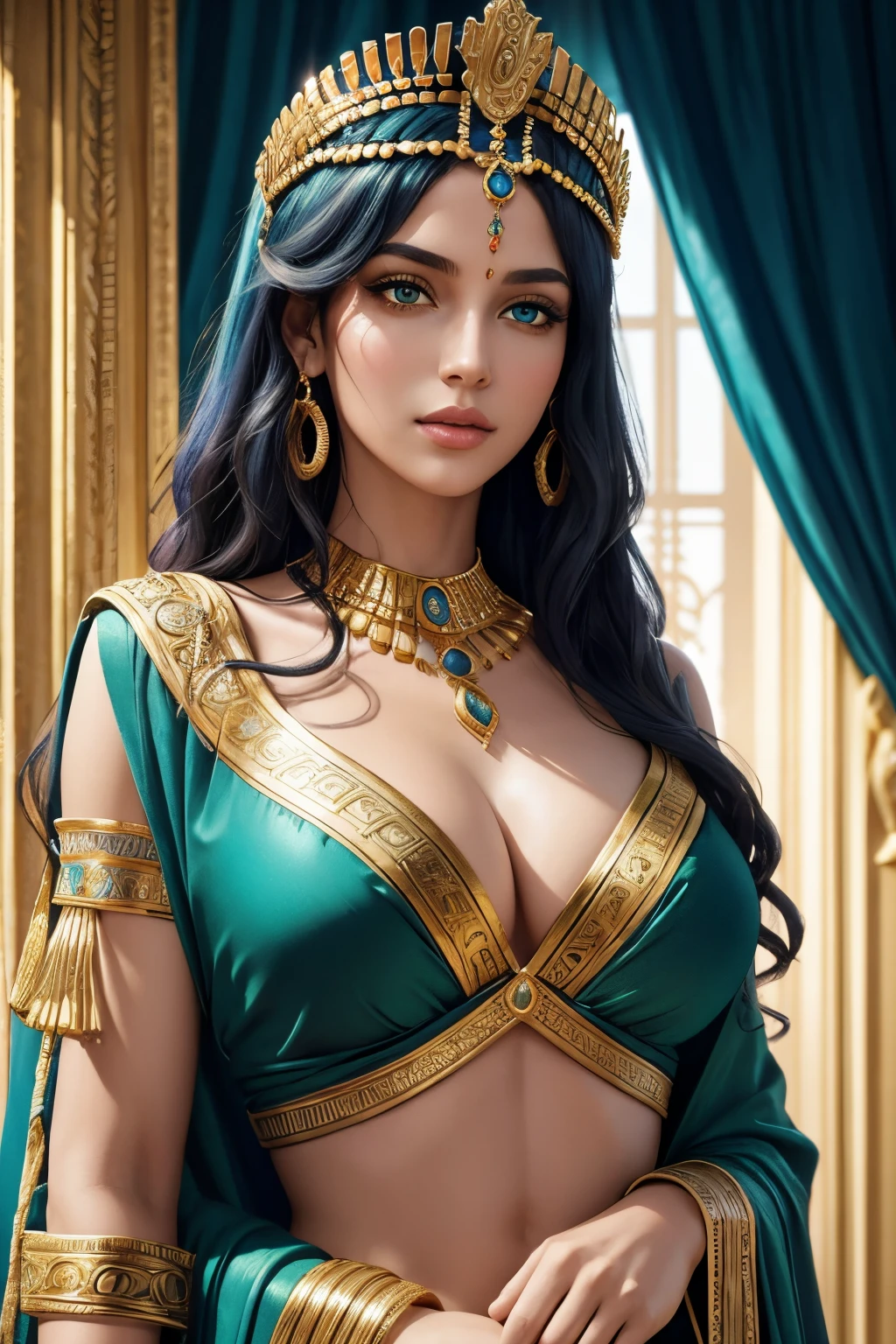 Cleopatra 7, Greek-inspired, regal and vibrant colors, detailed and lifelike portrayal, masterfully painted, high-resolution:1.2, photorealistic:1.37, ancient Egyptian setting, golden jewelry, mesmerizing green eyes, captivating detailed lips, exquisite facial features, flowing curly hair, queenly posture and confident expression, elaborate headdress adorned with laurel wreaths, intricate Greek patterns on her clothing, elegant draped robes in vibrant shades of blue and gold, opulent palace backdrop, soft natural lighting, rich shadows adding depth and dimension, majestic aura surrounding her.