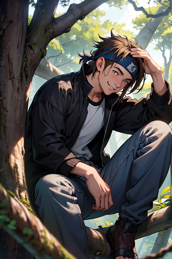 A European looking guy with messy straight brown hair, named Ryo, Handsomer, High quality picture, With Naruto blue headband With japanese symbol, wearing black jacket, 4K, sitting inside treehouse, both eyes clear, looking happy, not too masculin, wearing long pants