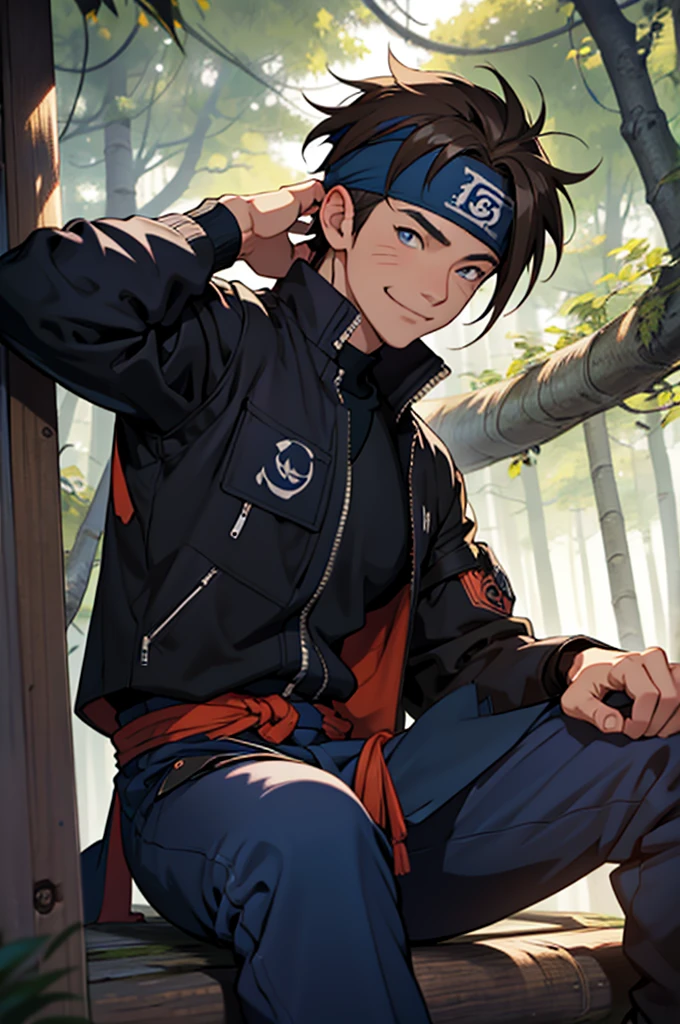 A European looking guy with messy straight brown hair, named Ryo, Handsomer, High quality picture, With Naruto blue headband With japanese symbol, wearing black jacket, 4K, sitting inside treehouse, both eyes clear, looking happy, not too masculin, wearing long pants