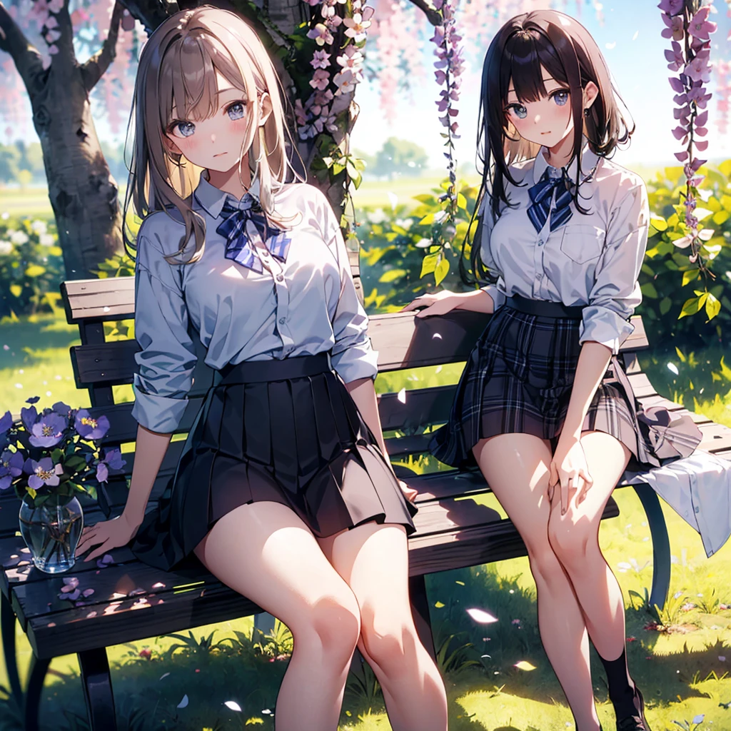 (top-quality、in 8K、32K、masterpiece、nffsw、超A high resolution、Impresionismo、Photorealsitic:1.2)、cowboy shot、foco nítido、detailed faces and eyes、(Alafed tree with purple flowers in park with benches, Breathtakingly beautiful tree々, Breathtaking - beautiful tree々々taking photo, Weeping willow and flowers, inspired by Matsumura Goshun, by Ikuo Hirayama, by Takeharu Matsumura, Magic Tree, by Kaii Higashiyama, Beautiful trees, very magical and dreamy)、Sharp pupils、Realistic pupils、beautiful face、18 year old beautiful girl、shinny skin、Beautiful dark brown hair、Blunt bangs、Dark blue eyes、Shirt、neck tie、Plaid miniskirt、Black socks、(Have a skirt、Lifting skirt、I can see the white panties:1.3)、(Embarrassed look:1.2)、Mel Kishida, thighs, 1girl, solo, hiding hands, clothed shirt, nipples