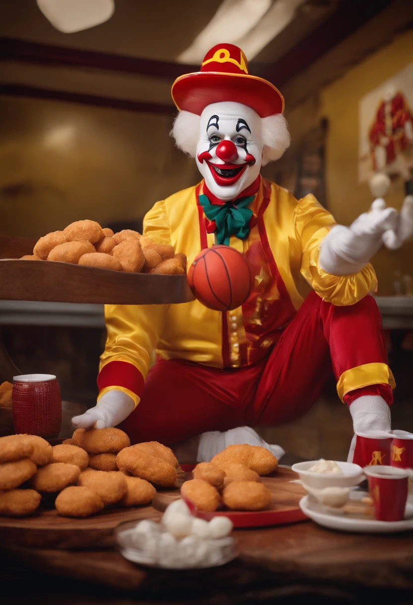 Sleazy McDonalds Clown hosting a game of mini basketball with chicken nuggets,original,Ronald McDonald, male