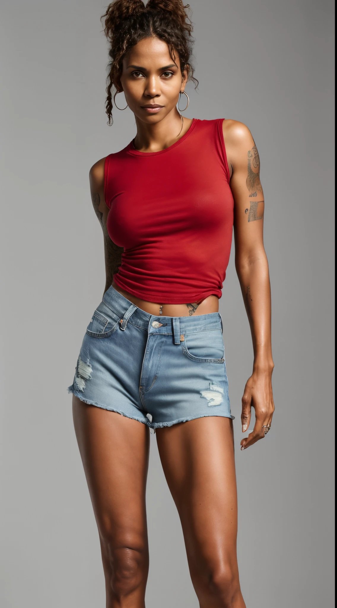 [random photo of  Halle Berry ] ( full body shot,random photograph, gorgeous face, hot queen, tattooed woman, denim, solo, ponytail,  shorts, Tall woman  red color tight big t-shirt ) (realistic detailed skin texture, attractive texture,pores) [depth of fields]  ((perfect body parts, (hyper photorealistic  lighting), 85mm, 100mm lens ))
