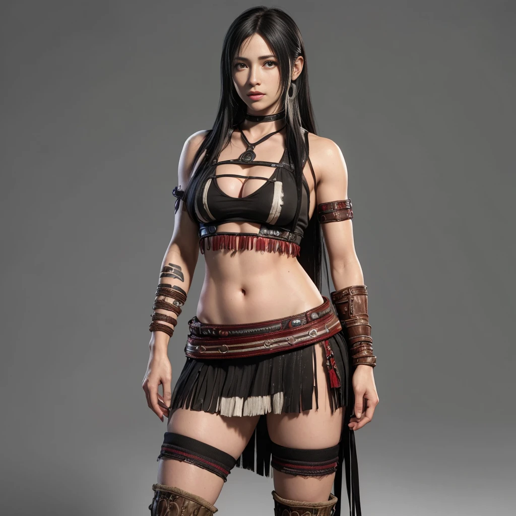 (best quality,ultra-detalhado),(Realistic:1.37),Tifa Lockhart, Rosto bonito e detalhado, expression serious, maquiagem vermelha nos olhos, textura ultra realista, rosto delicado, corpo delicado, Fit physique