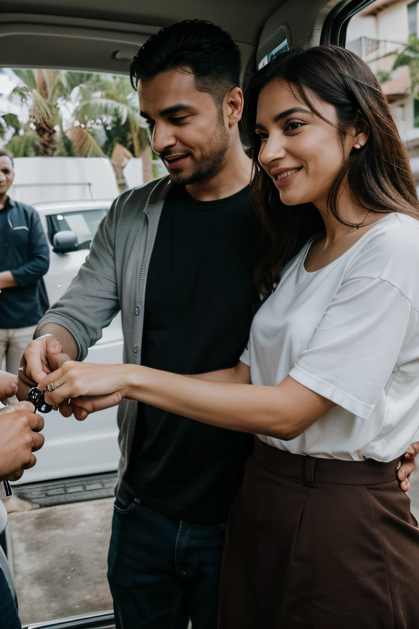 Familia recebendo primeiro carro, seller is handing over the key, esposa e marido felizes, 4k, cartonizado,