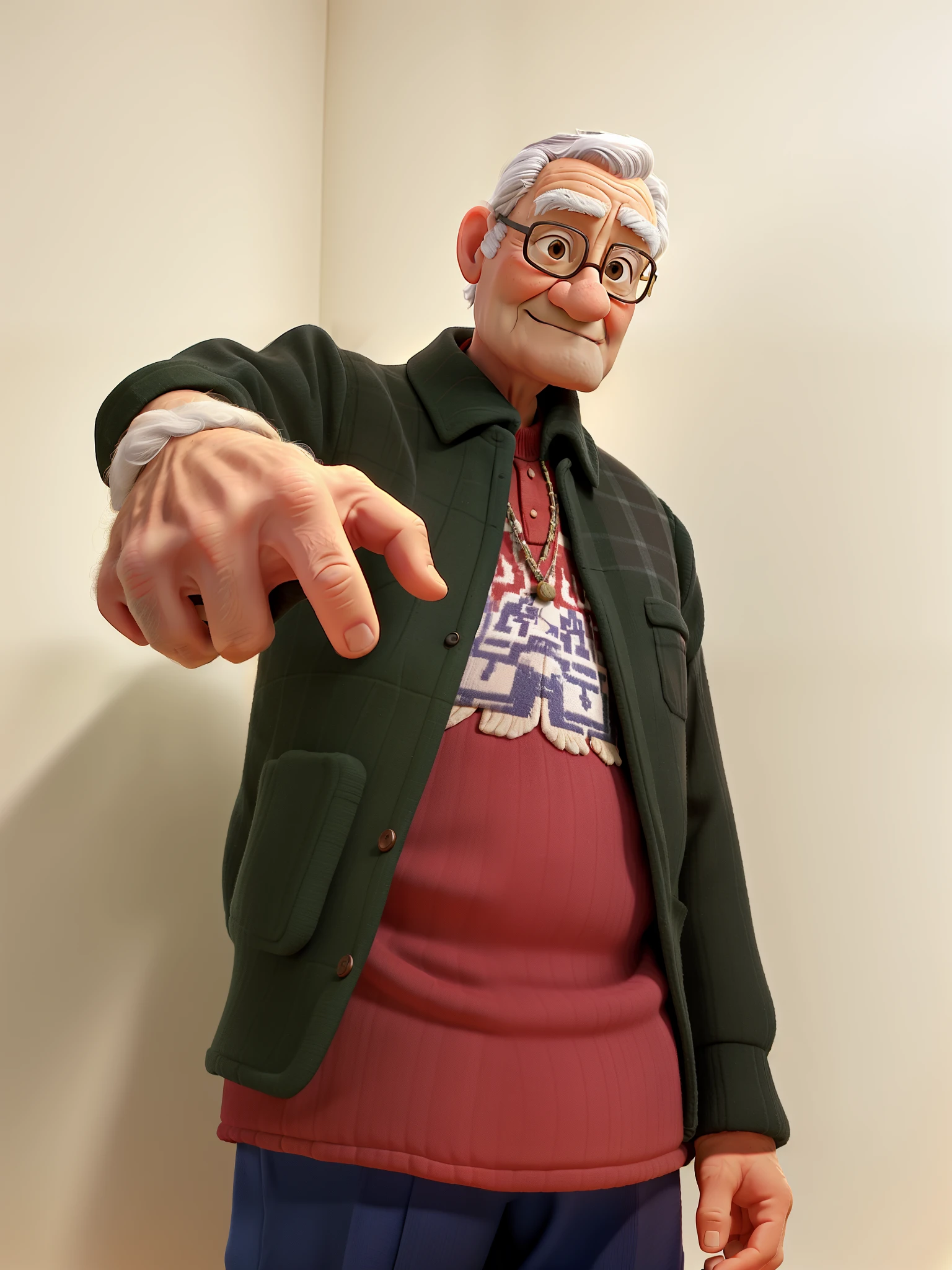 A wise old man standing in front, illuminated by the light of a lamp, against the backdrop of a library