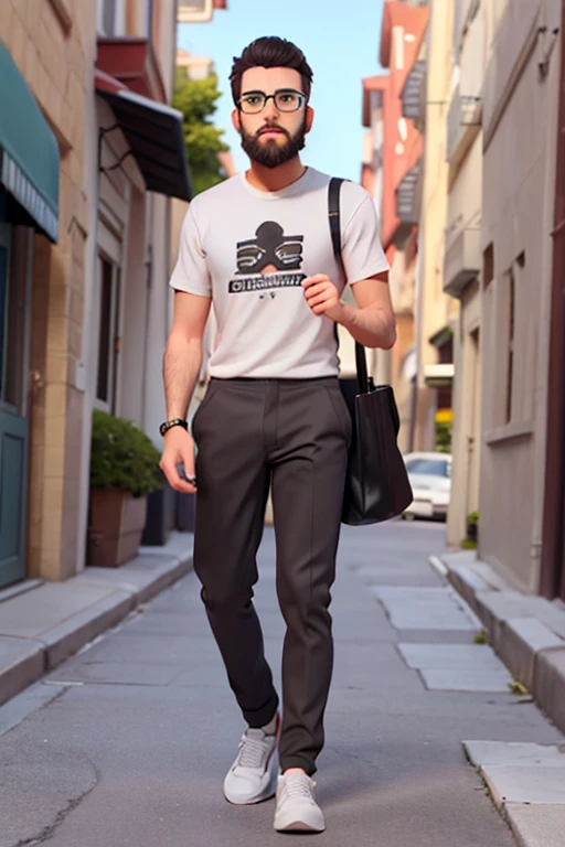 25-year-old man, black hair, beard, green eyes, prescription glasses, black t-shirt, gray watch, beige pants, white sneakers.