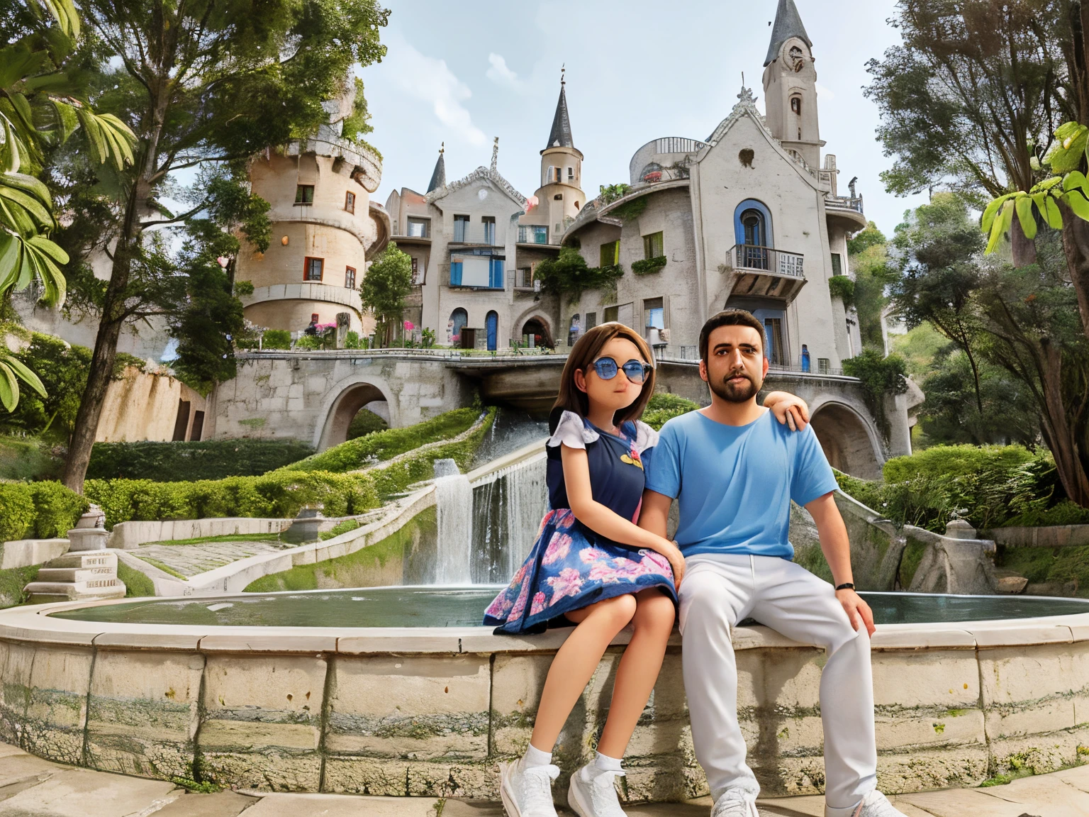 chica con vestido azul de flores, corto y con tenis blanco, cabello largo y lentes sentada con su novio el cual ees delgado, usa camiseta y jenas, usa lentes , pelo negro y un hombre sentado ambos sentados frente a una fuente de agua que esta fente a un castillo llamado el museo del casitllo de medellin, ( Castillo al fondo ), Castillo al fondo, en un castillo, Castillo al fondo, Gothic castle in the background, Entorno del castillo, Coban, por Ric Estrada, por Judith Gutierrez, Gothic castle in the background
