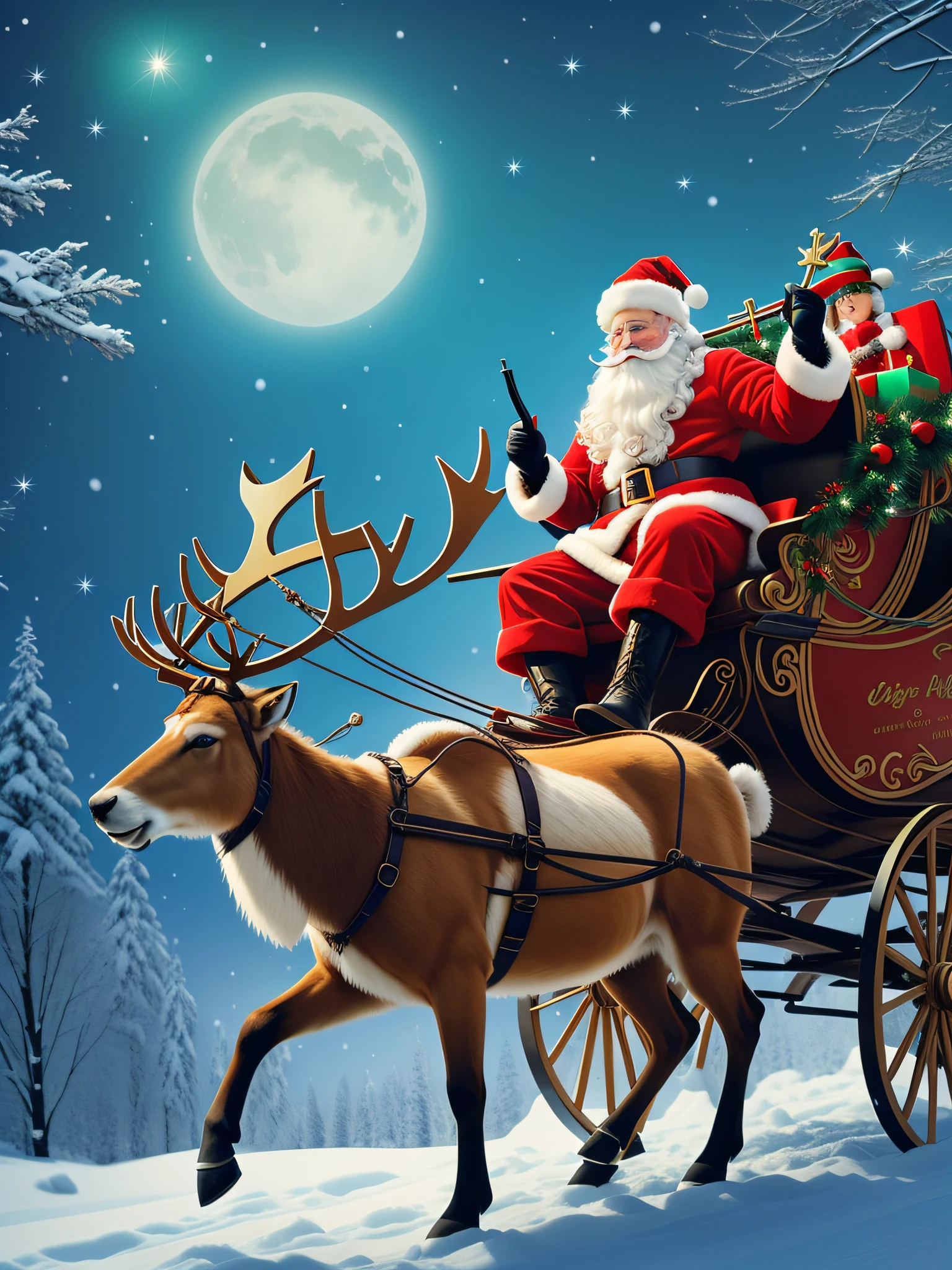 Santa Claus riding a sleigh pulled by reindeer in the snow, Papai Noel, Noite de Natal, Papai Noel, Santa, holiday season, exclusivo, Papel de parede - 1 0 2 4, trending ，, 1128x191 resolution, papel de parede hd, paper awesome wallpaper, 🕹️ 😎 🔫 🤖 🚬, Very high resolution, Alegre, sentado no Papai Noel