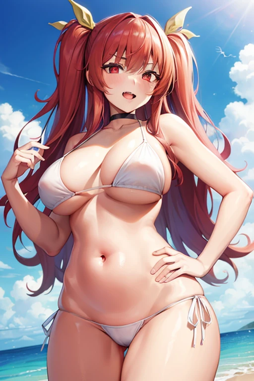 Stella Vermillion, Stella Vermillion, hair between eye, Hair intake, Hair Ribbon, Long hair, (Red Eyes:1.5), Red hair, two side up, Yellow Ribbon,thighs thighs thighs thighs, BREAK looking at viewer,,Romper (masutepiece:1.2), Best Quality, High resolution, Unity 8k壁纸, (Illustration:0.8), (Beautiful detailed eyes:1.6), extra detailed face, Perfect Lighting, extremely details CG, (Perfect hands, Perfect Anatomy),Naughty big、Smile with open mouth、red blush、embarrassed from,(a white bikini:1.5)、(the beach:1.3)、cowboy  shot、Hands on hips, pregnant stomach, bloatedbelly,