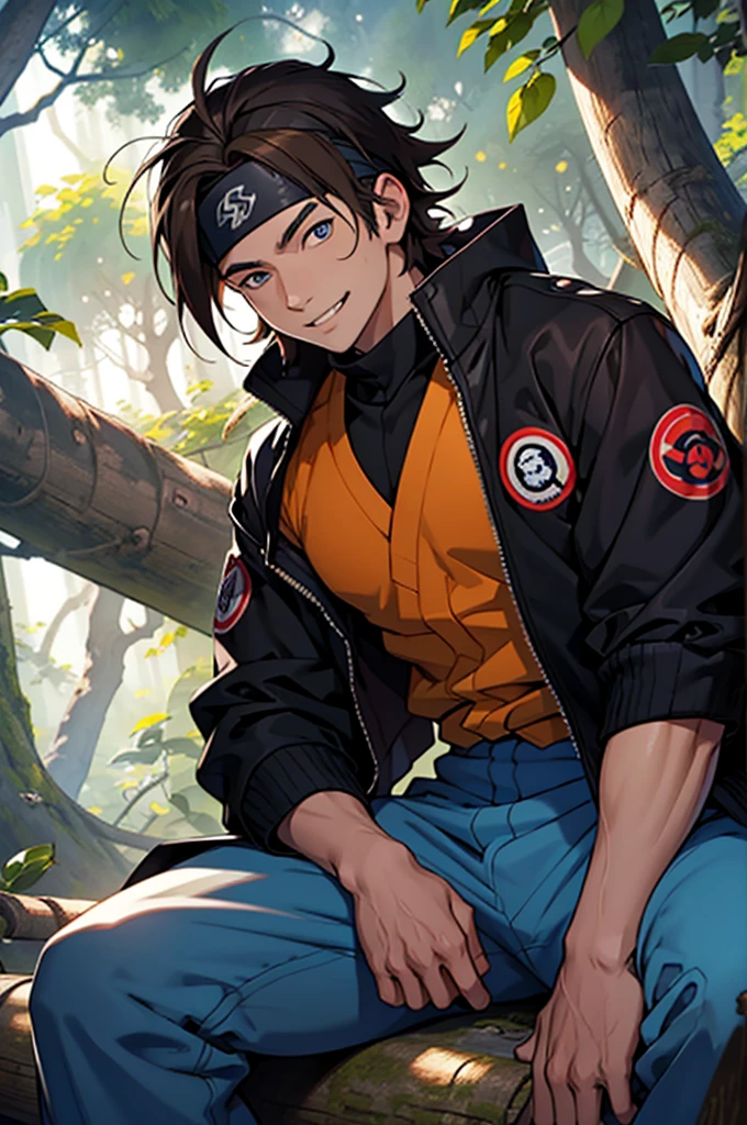 A European looking guy with messy straight brown hair, named Ryo, Handsomer, High quality picture, With Naruto blue headband With japanese symbol, wearing black jacket, 4K, sitting inside treehouse, both eyes clear, looking happy, not too masculin, wearing long pants, holding binoculars