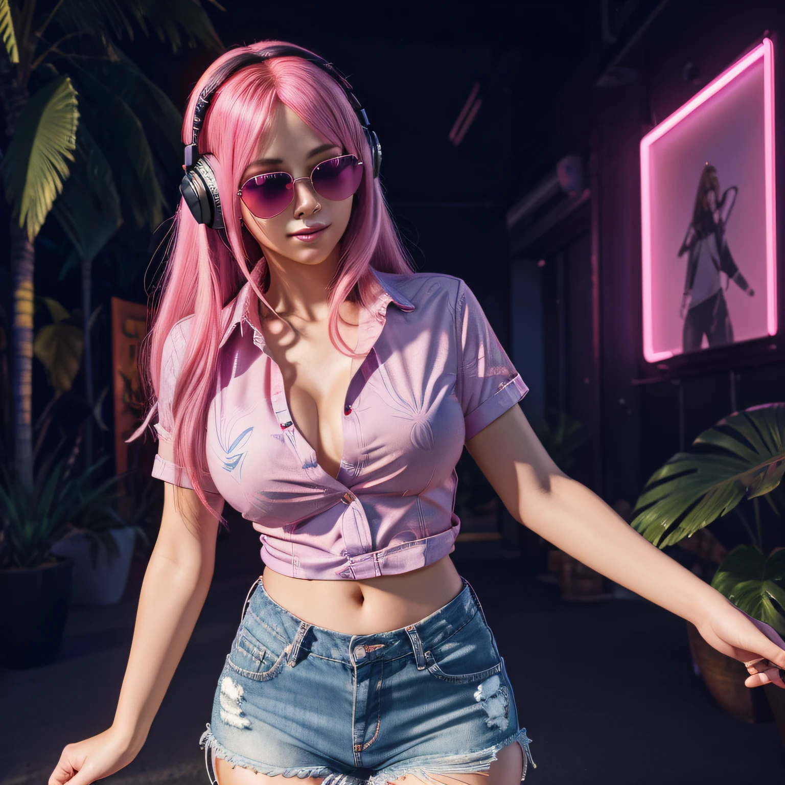 Masterpiece, best quality, (very detailed CG unity 8k wallpaper) (best quality), (best illustration), (best shadows), full body, beautiful face, long pink hair, anime, busty, short sleeve button up hawaiian shirt, jean shorts, dancing in dark room, bright neon lights, wearing headphones, wearing sunglasses, night time, age mid 30's