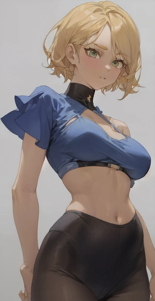 (highres,best quality:1.2),ultra-detailed(blond hair,short hair:1.1),beautiful detailed eyes(wide-eyed:1.1,green eyes),beautiful detailed lips,purple eyeshadow,thin eyebrows,smooth skin,black eyeliner,slim face,calm expression,wearing blue bikini(blue top,black bottom),posing with her back facing the viewer,showing off her nice hips and nice breasts., good proportions, white background