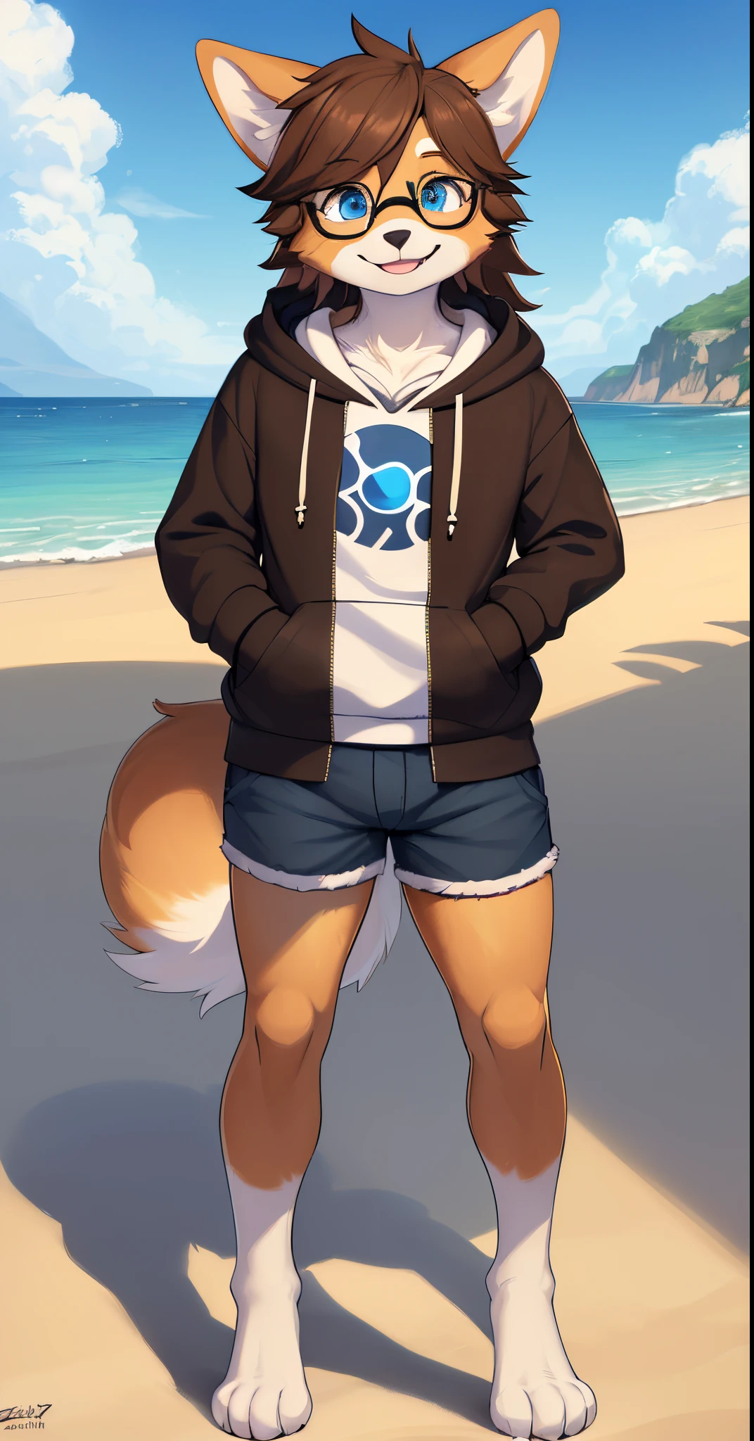 ((Best quality, masterpiece, detailed anatomy, detailed eyes, detailed hands, perfect lighting, perfect shading.)), by Buta99, by SpiritD, 1male, Wolf, brown furs, tight body, dark brown eyes, skinny body, young body, blue hoodie crop top, black jogger, black boots, smile, show sharp teeth, on the lake