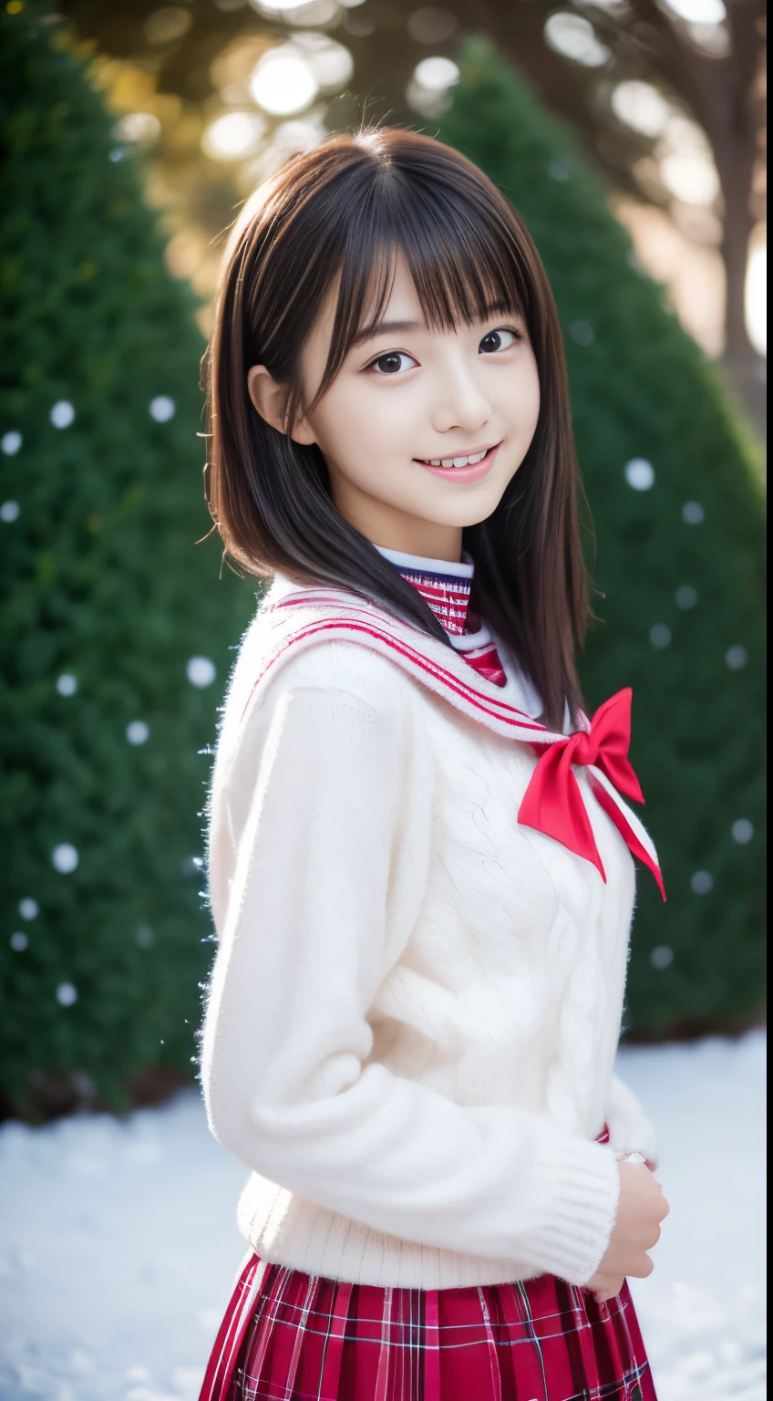 1girl in, (**** student),Japan gravure models, (cute like an idol:1.2), a beauty girl, discreet breasts, Clean facial skin, shyly smile, unclear, (japanese high school uniform with sailor collar:1.0), (Fluffy pink wool sweater、red checkered pleated skirt:1.2),full body Esbian、 (Beautiful snowy Christmas tree:1.5), (Dynamic Angle, Dynamic Pose:1.0), BREAK masterpiece, Best Quality, hight resolution, Detailed skin, Detailed, Detailed face and eyes, Hi-Res, Natural lighting, Perfect Anatomy, Physically-based rendering, Photorealistic, symmetric clear eyes, Well-groomed face,Teenage girl, Perfect figure, Transparency,  hposing Gravure Idol,