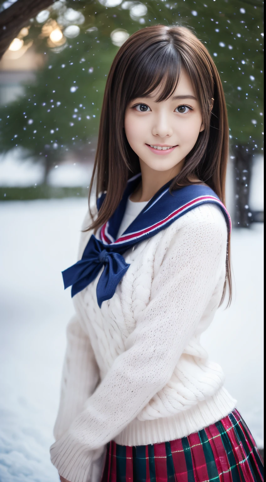 1girl in, (),Japan gravure models, (cute like an idol:1.2), a beauty girl, discreet breasts, Clean facial skin, shyly smile, unclear, (japanese high school uniform with sailor collar:1.0), (Fluffy pink wool sweater、red checkered pleated skirt:1.2),full body Esbian、 (Beautiful snowy Christmas tree:1.5), (Dynamic Angle, Dynamic Pose:1.0), BREAK masterpiece, Best Quality, hight resolution, Detailed skin, Detailed, Detailed face and eyes, Hi-Res, Natural lighting, Perfect Anatomy, Physically-based rendering, Photorealistic, symmetric clear eyes, Well-groomed face,Teenage girl, Perfect figure, Transparency,  hposing Gravure Idol,