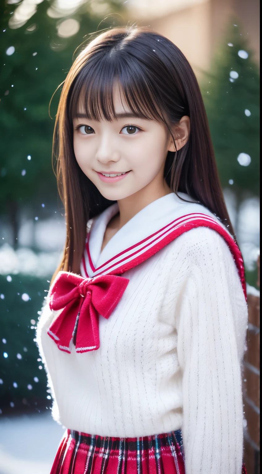 1girl in, (**** student),Japan gravure models, (cute like an idol:1.2), a beauty girl, discreet breasts, Clean facial skin, shyly smile, unclear, (japanese high school uniform with sailor collar:1.0), (Fluffy pink wool sweater、red checkered pleated skirt:1.2),full body Esbian、 (Beautiful snowy Christmas tree:1.5), (Dynamic Angle, Dynamic Pose:1.0), BREAK masterpiece, Best Quality, hight resolution, Detailed skin, Detailed, Detailed face and eyes, Hi-Res, Natural lighting, Perfect Anatomy, Physically-based rendering, Photorealistic, symmetric clear eyes, Well-groomed face,Teenage girl, Perfect figure, Transparency,  hposing Gravure Idol,