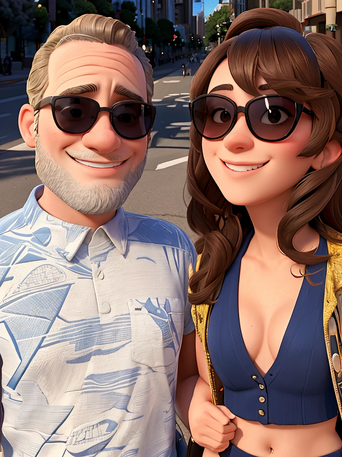 they are posing for a picture together in the sun, vacation photo, in a las vegas street, wearing shades, on the sidewalk, on a sidewalk of vancouver, having fun in the sun, in a city square, happy couple, profile image, sunny day time, perfectly shaded, wearing versace sunglasses, implanted sunglasses, having a great time