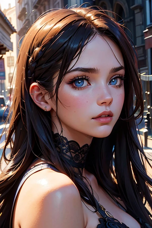 Style gothique steampunk romantique, Masterpiece, Photo en couleur, Best quality, 8k, ArtStation, mise au point nette, ultrarealistic, High Details, Photo brute, longs cheveux rouge vif, tresse simple , Rousseur, corps révélateur de dentelle, corps incroyable, pronounced feminine feature, (redhead:0.4), (photoreallistic:1.3), (Highest quality:1.3), (grain du film:1.3), ( La meilleure photographie au monde:1.3), (Photo professionnelle:1.3), (detailed detail:1.3), (cinematic light:1.3), ( Cinematic color:1.3), Profondeur de champ maximale, Photographie argentique, ( Intricate details:1), (hyperdetailed:1), (((SFW))) staring into the camera, assis sur Old Street, Gothic Steampunk from the 1800s, (Megan Fox:0.6) (Jessica Simpson:0.6) golden hour, de la lumière dans ses yeux, visage glamour