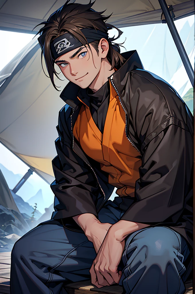 A European looking guy with messy straight brown hair, named Ryo, Handsomer, High quality picture, With Naruto blue headband With japanese symbol, wearing black raincoat 4K, sitting inside a tent, both eyes clear, looking happy, not too masculin, wearing long pants, holding a soda