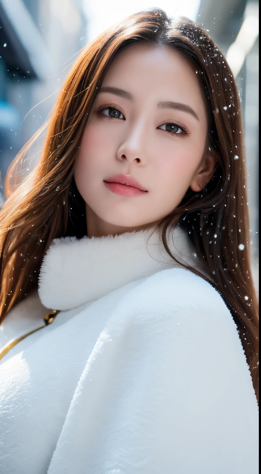 ((best qualtiy, 8K, tmasterpiece:1.3)), Focus:1.2, Perfect figure beautiful woman:1.4, cocked ass:1.2, ((Long whit hair)), (Cape with thick fur collar:1.1) , (Falling snow, Street，Stop，Copse，snow cover:1.3),Lace aristocrat Lolita costume:1.1, Highly detailed facial and skin texture, A detailed eye, 二重まぶた，Whiten skin，ssmile，Colossal tits，Cinematic lighting，Detailed details，Real hair and skin，