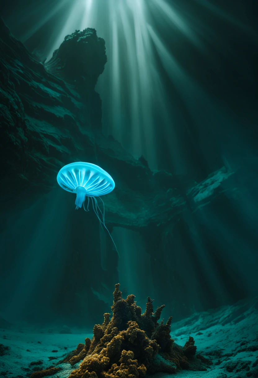 Create a mesmerizing underwater world that combines the elegance of marine life with the futuristic allure of advanced technology. Picture bioluminescent jellyfish gracefully floating around an ancient, submerged city ruins, where beams of ethereal light illuminate the intricacies of forgotten architecture. Integrate sleek, futuristic submarines seamlessly blending into the scene, exploring the mysterious depths. Capture the interplay of light and shadow, showcasing the harmony between the organic and the artificial in this surreal aquatic realm. Craft an image that transports viewers to a serene and futuristic underwater sanctuary.