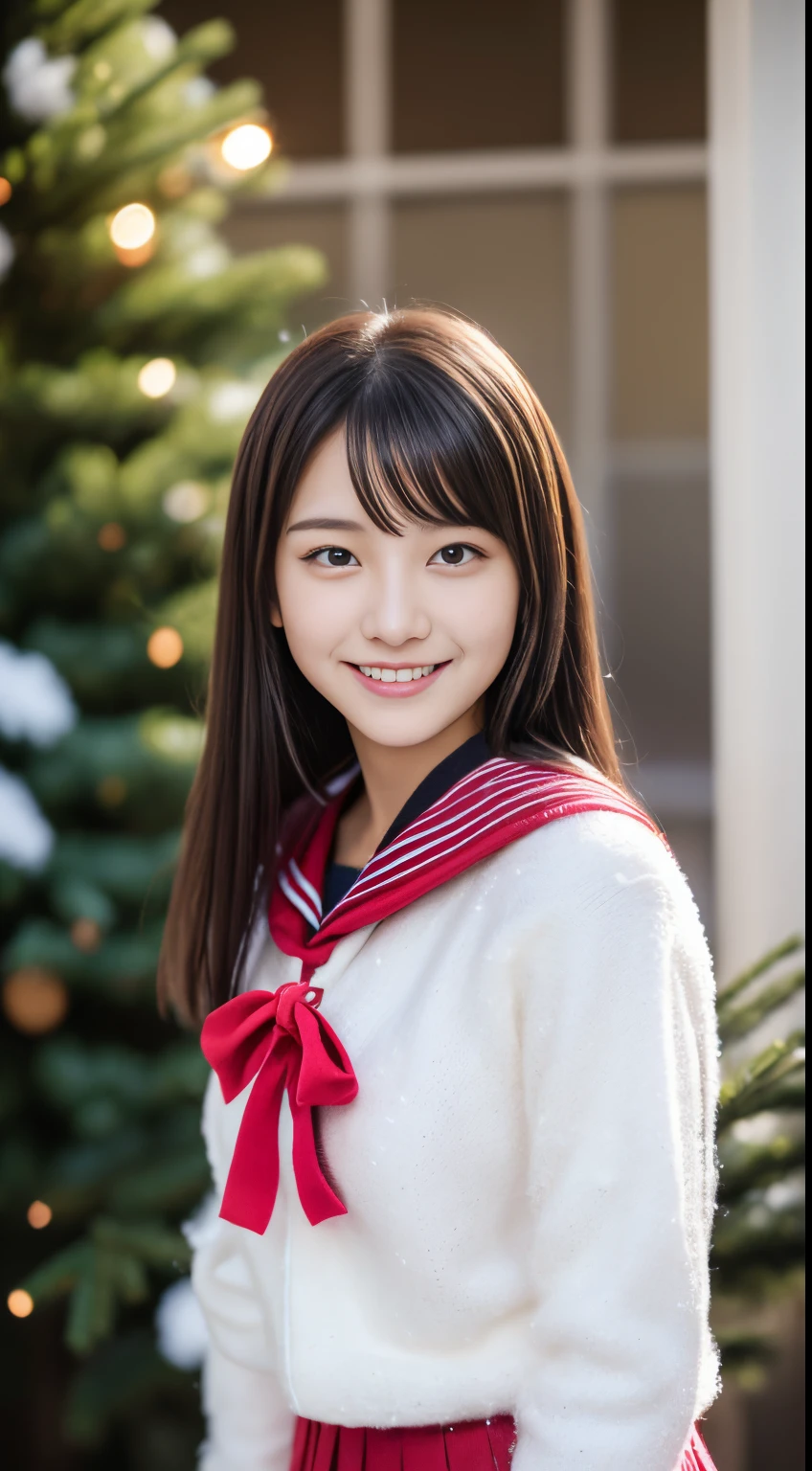 1girl in, (),Japan gravure models, (cute like an idol:1.2), a beauty girl, discreet breasts, Clean facial skin, shyly smile, Unclear, (japanese high school uniform with sailor collar:1.0), (fluffy pink wool sweater、Red checked pleated skirt:1.2),full body Esbian、 (beautiful snowy christmas tree、illuminations、𝓡𝓸𝓶𝓪𝓷𝓽𝓲𝓬:1.6), (Dynamic Angle, Dynamic Pose:1.0), BREAK masterpiece, Best Quality, hight resolution, Detailed skin, Detailed, Detailed face and eyes, Hi-Res, Natural lighting, Perfect Anatomy, Physically-based rendering, Photorealistic, symmetric clear eyes, Well-groomed face,Teenage girl, Perfect figure, Transparency,  hposing Gravure Idol,