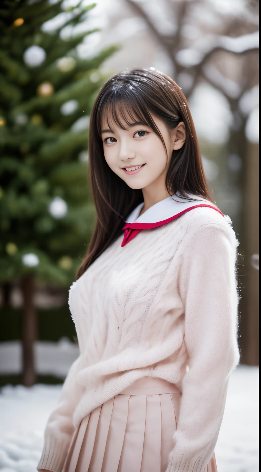 1girl in, (**** student),Japan gravure models, (cute like an idol:1.2), a beauty girl, discreet breasts, Clean facial skin, shyly smile, Unclear, (japanese high school uniform with sailor collar:1.0), (fluffy pink wool sweater、Red checked pleated skirt:1.2),full body Esbian、 (beautiful snowy christmas tree、illuminations、𝓡𝓸𝓶𝓪𝓷𝓽𝓲𝓬:1.6), (Dynamic Angle, Dynamic Pose:1.0), BREAK masterpiece, Best Quality, hight resolution, Detailed skin, Detailed, Detailed face and eyes, Hi-Res, Natural lighting, Perfect Anatomy, Physically-based rendering, Photorealistic, symmetric clear eyes, Well-groomed face,Teenage girl, Perfect figure, Transparency,  hposing Gravure Idol,