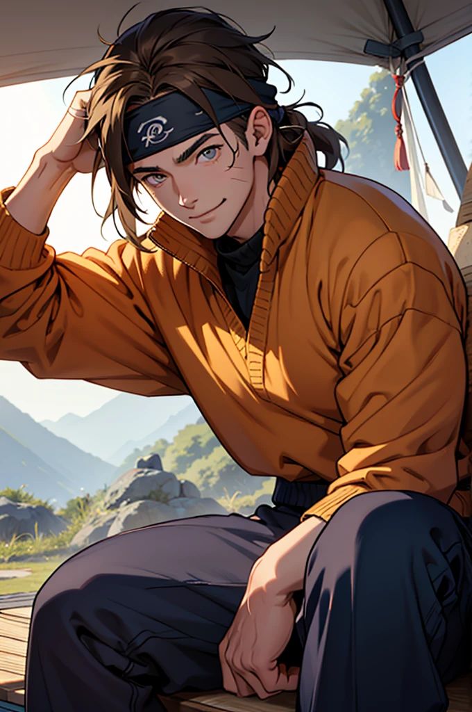 A European looking guy with messy straight brown hair, named Ryo, Handsomer, High quality picture, With Naruto blue headband With japanese symbol, wearing cool sweater,4K, sitting inside a tent, both eyes clear, looking happy, not too masculin, wearing long pants,